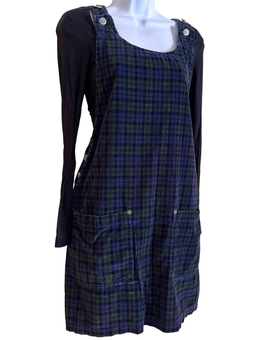 Vintage Route 66 Plaid Corduroy Overall Dress Small S Green Blue Pinafore Jumper